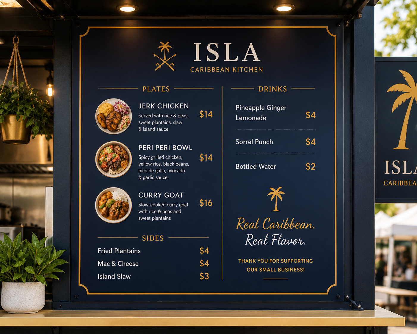 Clean, professional festival food menu board with clear pricing and bold design